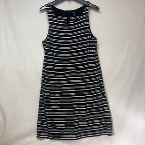 Gap Black White Striped Fit Flare Dress Medium Sleeveless Pockets